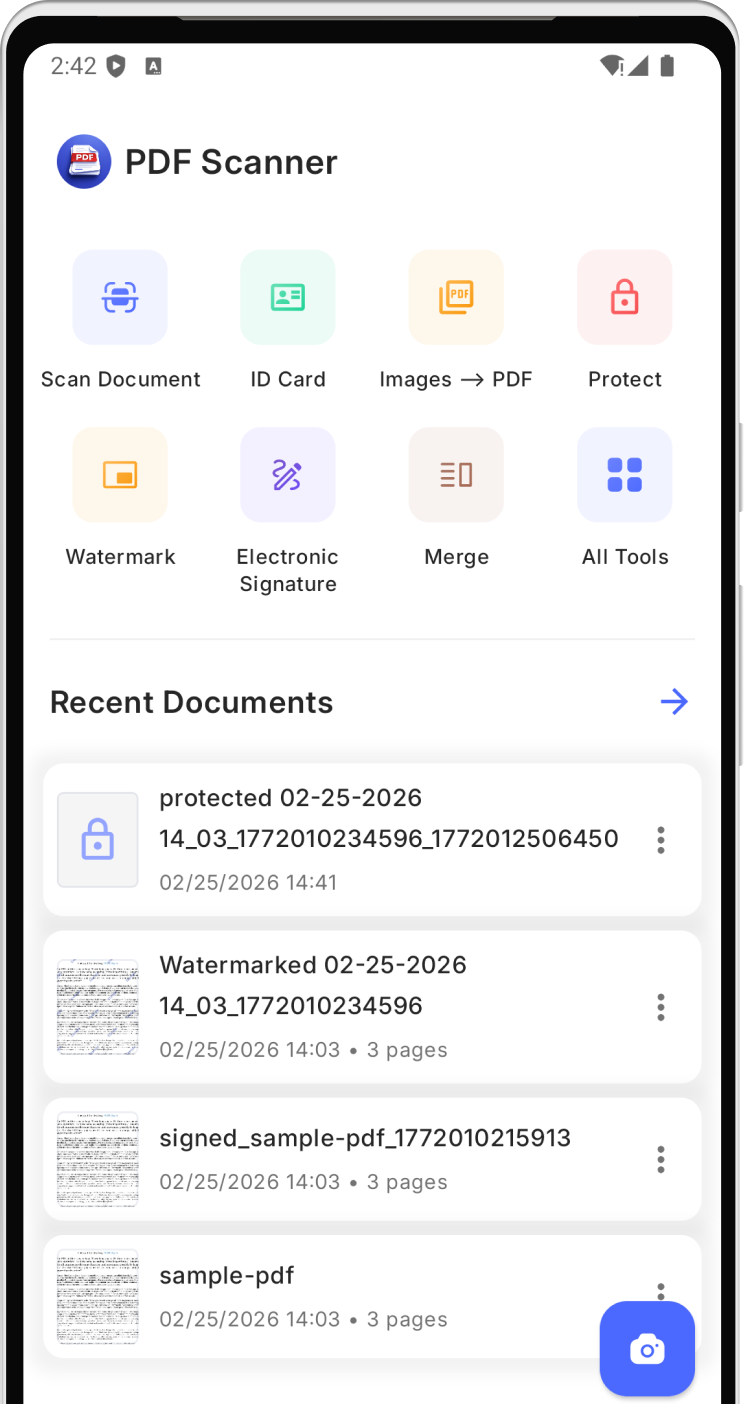 PDF Scanner home screen with scan, ID card, images to PDF, protect, watermark, signature, merge, all tools, and recent documents